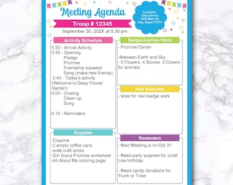 Meeting Agenda Editable Printable Troop Leader Activity Planner Log Meeting Tracker Forms Weekly Badge Sheet Chart Monthly Event