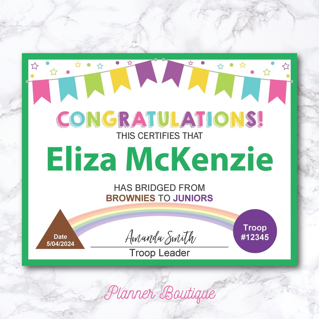 Editable Brownie to Junior Bridging Certificate for Award Bridging ...