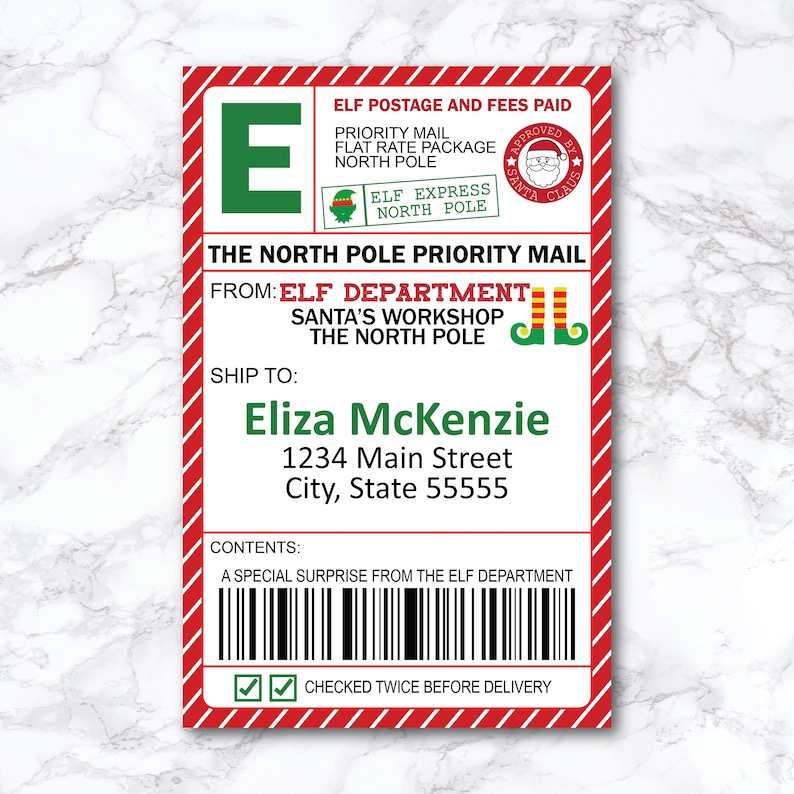 May include: A red and white striped label with a green letter E and a green elf with a red hat. The label says "ELF POSTAGE AND FEES PAID" and "THE NORTH POLE PRIORITY MAIL". The label also includes a barcode and the text "CHECKED TWICE BEFORE DELIVERY".