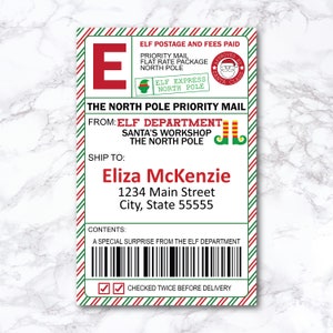 Etiqueta de envío de correo de elfo editable, correo de Santa Claus, correo de elfo, etiqueta de entrega del Polo Norte, etiqueta de caja de llegada, actividad de elfo, descarga instantánea digital