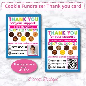 Cookie Fundraiser Dankeschön-Karte Notiz Stand Lieferung Quittung Bearbeitbar mit QR-Code Girl Marketing Schild Scout Truppeführer Wiederverwendbar