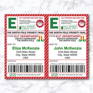 May include: Red and white striped North Pole priority mail label with a green "E" and elf illustrations. The label includes the text "ELF DEPARTMENT", "SANTA'S WORKSHOP", "THE NORTH POLE", "PRIORITY MAIL", "FLAT RATE PACKAGE", "ELF EXPRESS", "NORTH POLE", "CHECKED TWICE BEFORE DELIVERY", and "A SPECIAL SURPRISE FROM THE ELF DEPARTMENT".