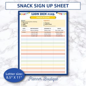 Bewerkbaar logboek voor snackaanmeldingsblad met allergie en suggesties Afdrukbare Boy Den Leader-planner Directe download Wekelijkse grafiek Maandelijks evenement