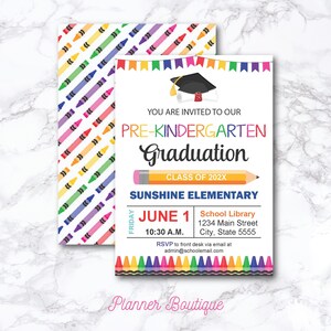 May include: A colorful invitation for a pre-kindergarten graduation ceremony. The invitation features a graduation cap, a pencil, and a banner with the text "Pre-Kindergarten Graduation, Class of 202X". The invitation also includes the date, time, and location of the ceremony, as well as the school's name, "Sunshine Elementary".
