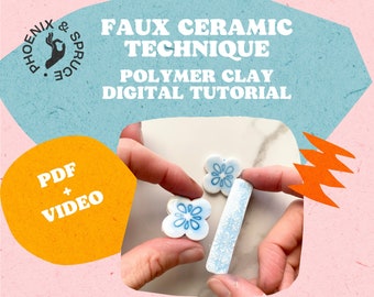 Polymer clay tutorial: Faux-ceramic technique | digital tutorial PDF + video class | earthy look texture clay earrings jewelry accessories