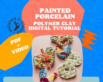 Polymer clay tutorial: painted porcelain / watercolour technique | digital tutorial PDF + video class | ceramic look clay earrings