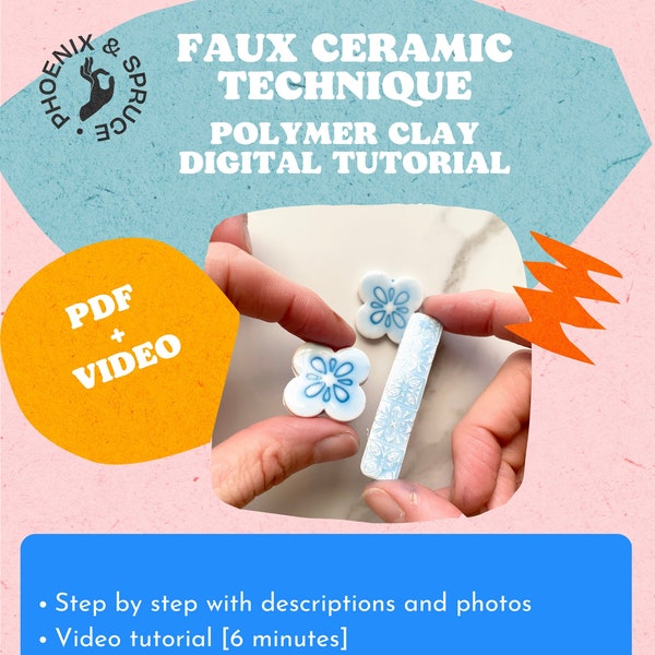 Polymer clay tutorial: Faux-ceramic technique | digital tutorial PDF + video class | earthy look texture clay earrings jewelry accessories
