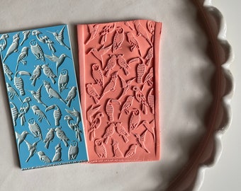 Polymer clay texture mat | birds texture sheet | Australiana impression sheet | toucan cockatoo parrot owl | pottery stamp | BIRDS 5cmx10cm