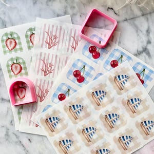 Wasserlösliches Transferpapier mit passender Ausstechform für Polymerclay | sommerliche Ohrringe | Erdbeeren, Korallen, Kirschen, Schiffchen