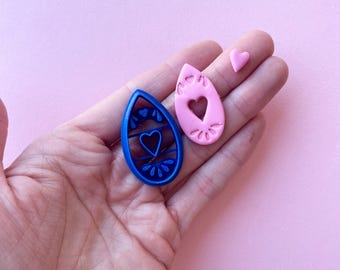 Clay cutter | Folk drop shape cutter with hollow heart for polymer clay and ceramics | valentine's earrings design | embossing stamp