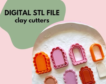 May include: A set of six digital STL files for clay cutters. The cutters are shaped like arches with scalloped edges. The cutters are in various colors, including orange, pink, and brown.