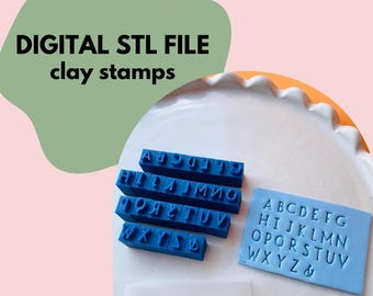 May include: A set of blue alphabet stamps for clay, with a white rolling pin. The stamps are arranged in rows, with the letters A-Z and ampersand. The text on the image reads "DIGITAL STL FILE clay stamps".