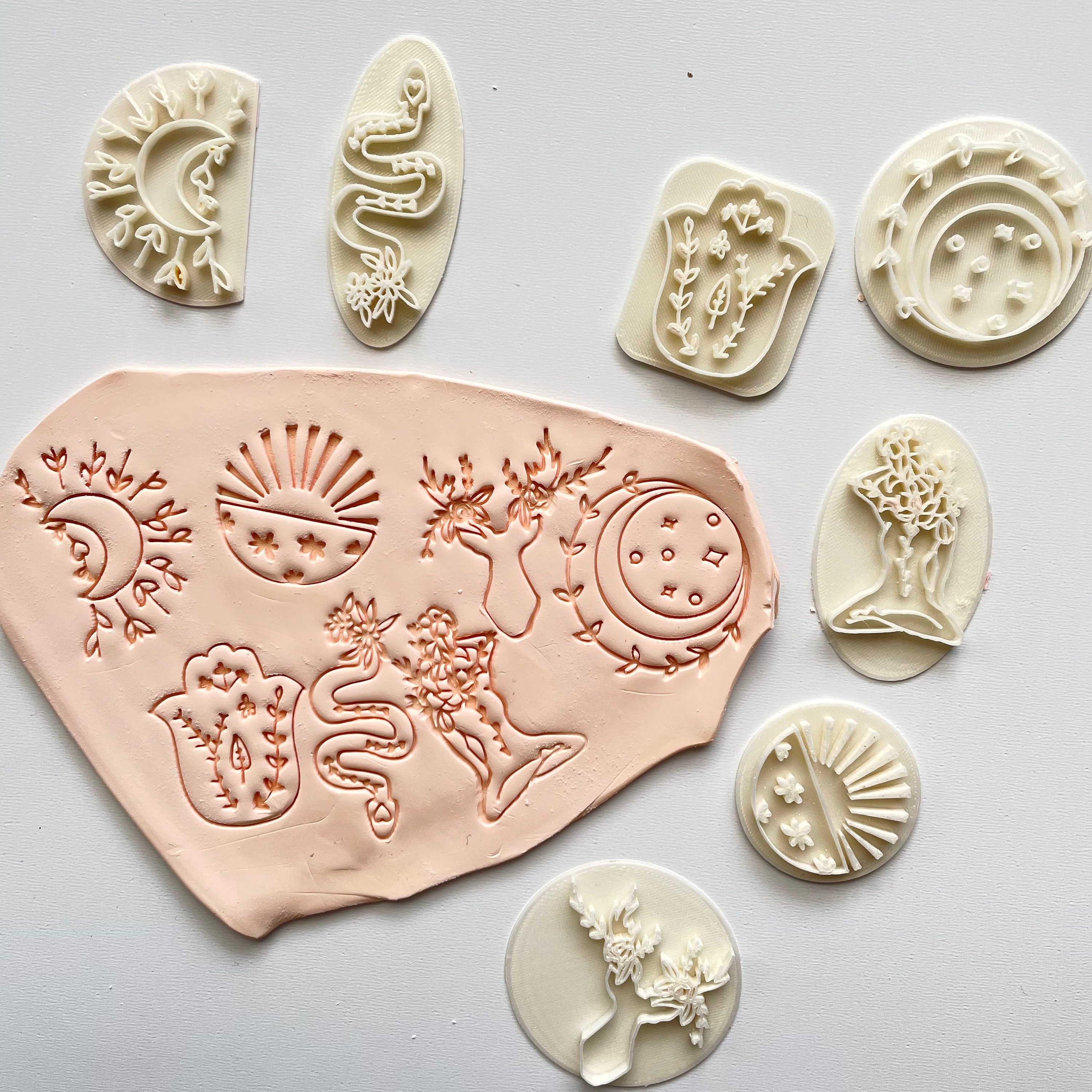 Set of 4 Clay Printing Stamps Trendy Sun Om Sign Shape Wooden Blocks