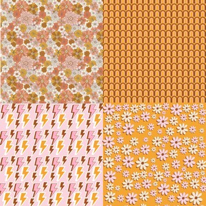 May include: Four different retro-style patterns in a collage. The top left pattern is a floral design with pink, white, and brown flowers on a cream background. The top right pattern is a geometric design with orange and brown arches on a yellow background. The bottom left pattern is a pink and yellow lightning bolt design on a pink background. The bottom right pattern is a white and pink daisy design on a yellow background.