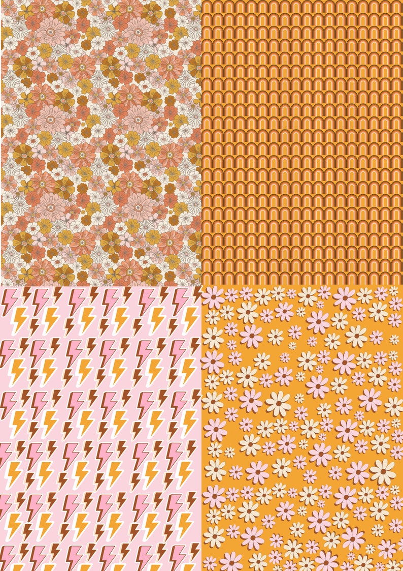 May include: Four different retro-style patterns in a collage. The top left pattern is a floral design with pink, white, and brown flowers on a cream background. The top right pattern is a geometric design with orange and brown arches on a yellow background. The bottom left pattern is a pink and yellow lightning bolt design on a pink background. The bottom right pattern is a white and pink daisy design on a yellow background.