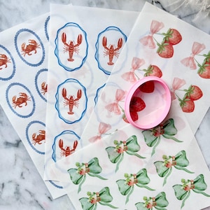 May include: Sheets of printed paper with watercolour designs. Designs include red lobsters in blue oval frames, red crabs in blue oval frames, strawberries with pink bows, and green bows with floral accents. A pink circular cookie cutter is also present.