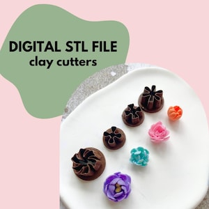 May include: A collection of brown clay cutter tools and colorful clay flowers are arranged on a white plate. The text "DIGITAL STL FILE clay cutters" is displayed on a green background.