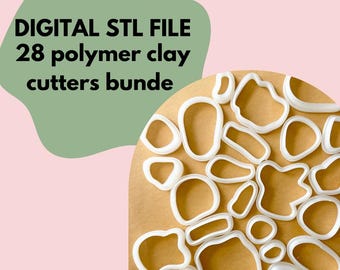 May include: A digital STL file for 28 polymer clay cutters. The cutters are arranged on a brown surface and are various shapes and sizes.
