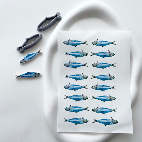 Emporte-pièce en forme de poisson avec papier transfert soluble dans l'eau assorti | transfert d'image en pâte polymère sardine | emporte-pièce en forme de boucles d'oreilles en argile