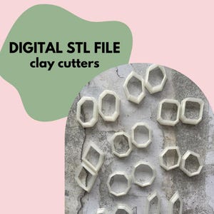 May include: White geometric clay cutters in various shapes, including octagons and rectangles, are scattered across a surface. The image features the text "DIGITAL STL FILE clay cutters" in black letters on a green and pink background.