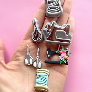 Clay cutters with sewing theme | 3 designs: scissors, cotton spool and sewing machine | shape cutter for polymer clay | embossing stamps