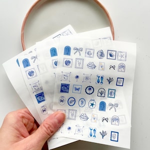 Carta transfer idrosolubile / trasferimento di immagini in pasta polimerica con motivo vacanze estive blu / ciondoli in finta ceramica / confezione da 4 fogli A6