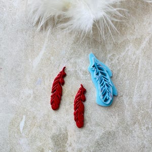 Op de afbeelding: Twee rode veren van polymeerklei en een blauwe plastic verenmal. De mal heeft een gedetailleerd ontwerp van een veer.