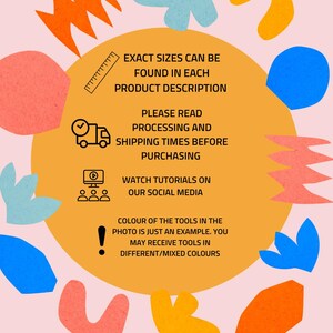 May include: A graphic with a yellow background and colorful abstract shapes. The text reads: "Exact sizes can be found in each product description. Please read processing and shipping times before purchasing. Watch tutorials on our social media. Colour of the tools in the photo is just an example. You may receive tools in different/mixed colours." The text "phoenix_and_spruce_clay" is at the bottom of the graphic.