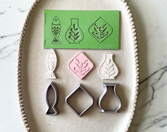 Folk art clay stamp and shape cutter set | rubber stamp | Polymer clay texture mat | clay earrings |metal clay ceramic tools | clay supplies