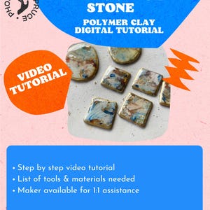 May include: A digital tutorial for creating vintage faux stone using polymer clay. The image features the text "GABRIELLE" VINTAGE FAUX STONE, and "VIDEO TUTORIAL". The image also shows several finished faux stone pieces in various shapes and colors, with gold edges.