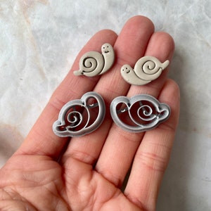 Könnte beinhalten: Zwei Paare Schnecken-förmiger Ausstecher. Ein Paar ist aus grauem Kunststoff und das andere aus beigefarbenem Ton.