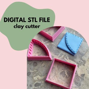 May include: A selection of pink and blue clay cutters in geometric shapes, including a square, triangle, and curved triangle. The image features the text "DIGITAL STL FILE clay cutter" in black on a green shape, against a pink background.