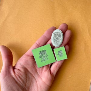 Puede incluir: Tres sellos de goma verde con un dibujo lineal de una flor de protea. Los sellos son de diferentes tamaños, siendo el más grande de forma ovalada y los dos más pequeños cuadrados.