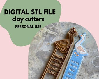 May include: Two clay cutters in the shape of geese. One is a brown outline with text, and the other is blue and white with text. The image also includes the text "DIGITAL STL FILE clay cutters PERSONAL USE".