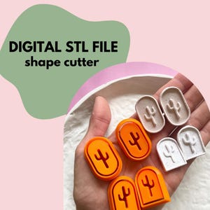 May include: A set of six cookie cutters in two different colors. Four orange cookie cutters are shaped like a cactus with a single stem and three orange cookie cutters are shaped like a cactus with two stems. Two beige cookie cutters are shaped like a cactus with a single stem. The cookie cutters are arranged on a white surface. The text "DIGITAL STL FILE shape cutter" is visible in the image.