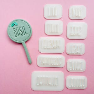 May include: A set of ten white rectangular stampers with different herb names printed on them. The names include Basil, Dill, Thyme, Chive, Parsley, Oregano, Sage, Mint, Cilantro, and Rosemary. The stampers are on a pink surface.