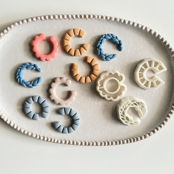 Polymer clay shape cutter | hoop semi circle earring mould | art deco leaf flower bundle DIY clay pottery ceramic jewelry mold | SEMI HOOPS