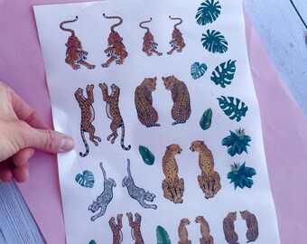 Water soluble transfer paper for polymer clay: jungle designs with tigers, leopards, cheetahs and tropical leaves designs | 1 A4