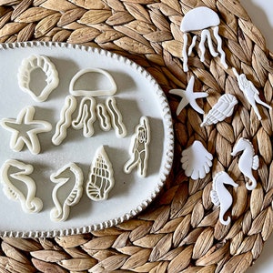 May include: A set of white plastic cookie cutters shaped like various sea creatures, including a starfish, seashell, jellyfish, and seahorse. The cutters are arranged on a white plate and a woven mat.