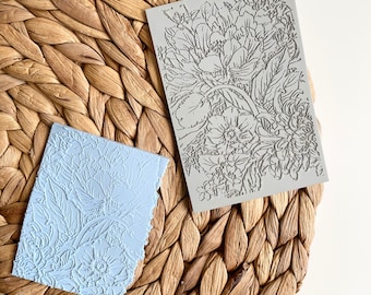 Polymer clay texture mat | floral botanical flowers large impression sheet | metalclay | stamps | pottery ceramic earring |TULIP BOUQUET MAT