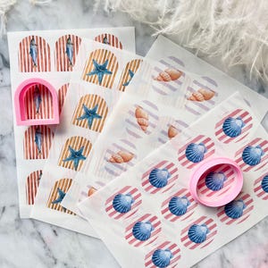 Wasserlösliches Transferpapier mit passender Ausstechform für Polymerclay | sommerliche Ohrringe | Krabbe, Hummer, Erdbeeren, grüne Schleife