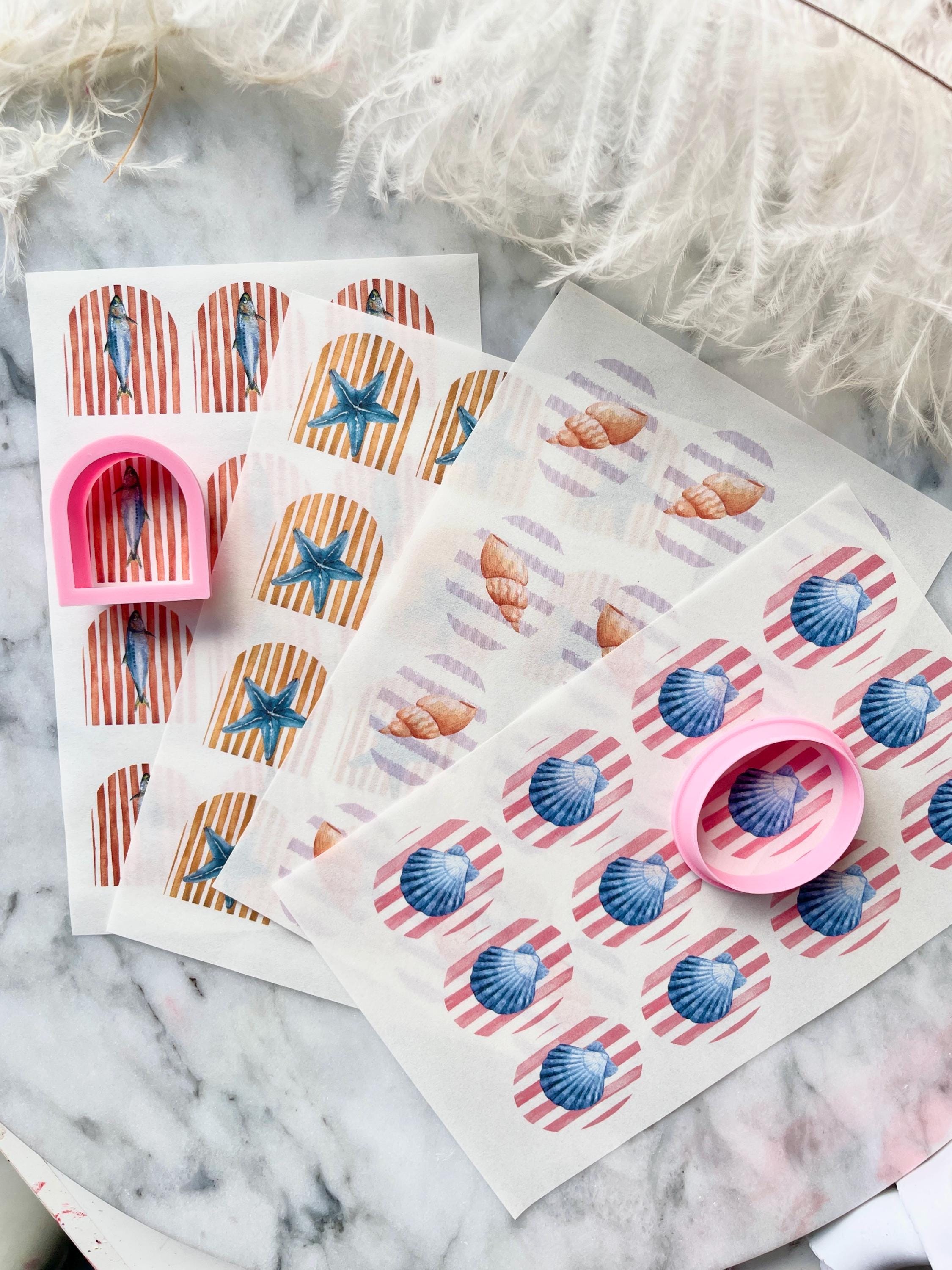 Water soluble transfer paper with matching clay cutter for polymer clay | summer clay earrings | sardine, starfish, seashells