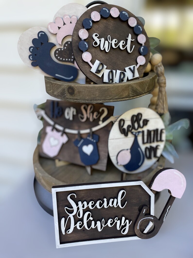 Gender Reveal Tiered Tray Baby Shower DIY Kit Tray Decor Wood Craft Kit