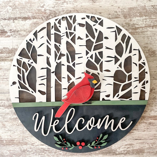 Zawieszka na drzwi „Welcome Cardinal” | Dekoracja drzwi | Zestaw do majsterkowania | Zestaw do malowania | Zimowa dekoracja drzwi | Zimowy napis „Witamy” | Zestaw do samodzielnego wykonania zawieszki na drzwi |