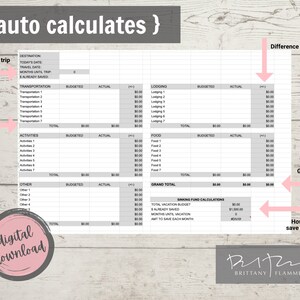 Pu&ograve; includere: Un foglio di calcolo stampabile per pianificare un viaggio. Il foglio di calcolo include sezioni per il trasporto, le attivit&agrave;, l'alloggio, il cibo e altre spese. Include anche un calcolatore di fondi di risparmio per aiutarti a risparmiare per il tuo viaggio.