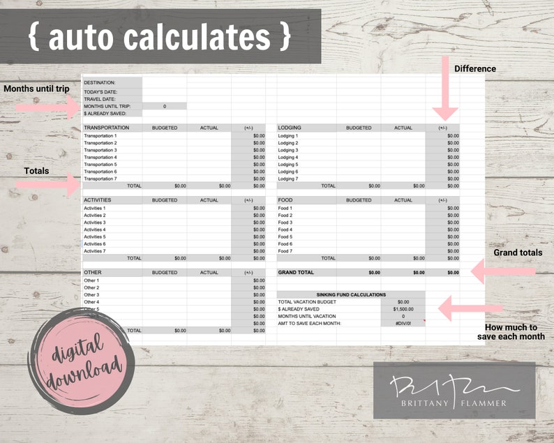 Pu&ograve; includere: Un foglio di calcolo stampabile per pianificare un viaggio. Il foglio di calcolo include sezioni per il trasporto, le attivit&agrave;, l'alloggio, il cibo e altre spese. Include anche un calcolatore di fondi di risparmio per aiutarti a risparmiare per il tuo viaggio.