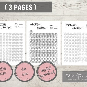 May include: Three printable pages of vacation savings trackers. Each page features a different design: flip flops, suitcases, and palm trees. The pages are labeled "letter size" and "A4 size".