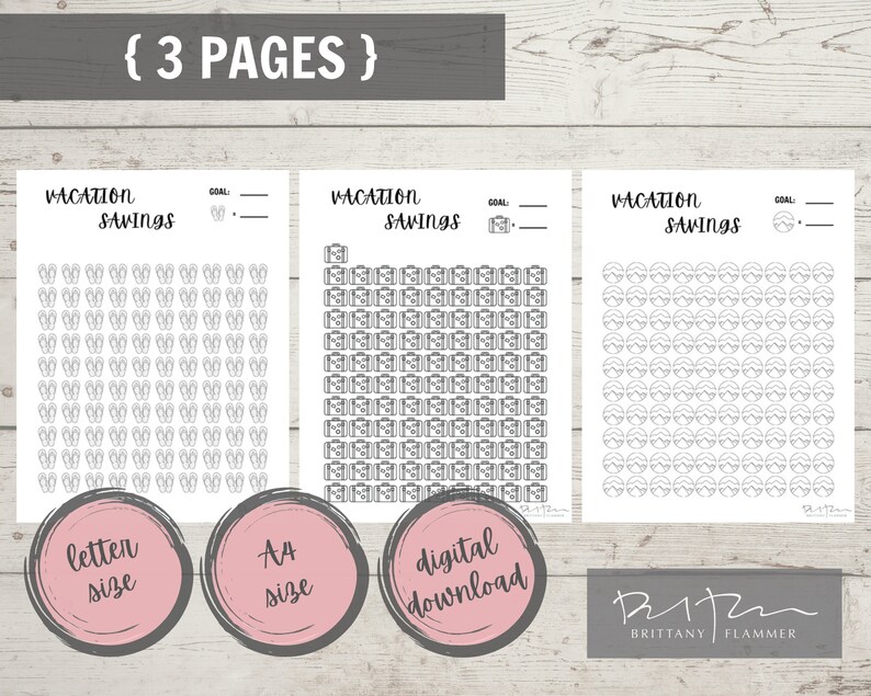 May include: Three printable pages of vacation savings trackers. Each page features a different design: flip flops, suitcases, and palm trees. The pages are labeled "letter size" and "A4 size".