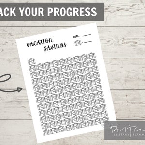 May include: A printable vacation savings tracker with a goal line and a grid of 100 suitcase icons to color in as you save.