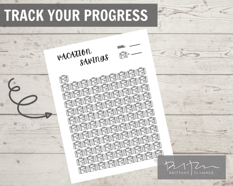 May include: A printable vacation savings tracker with a goal line and a grid of 100 suitcase icons to color in as you save.